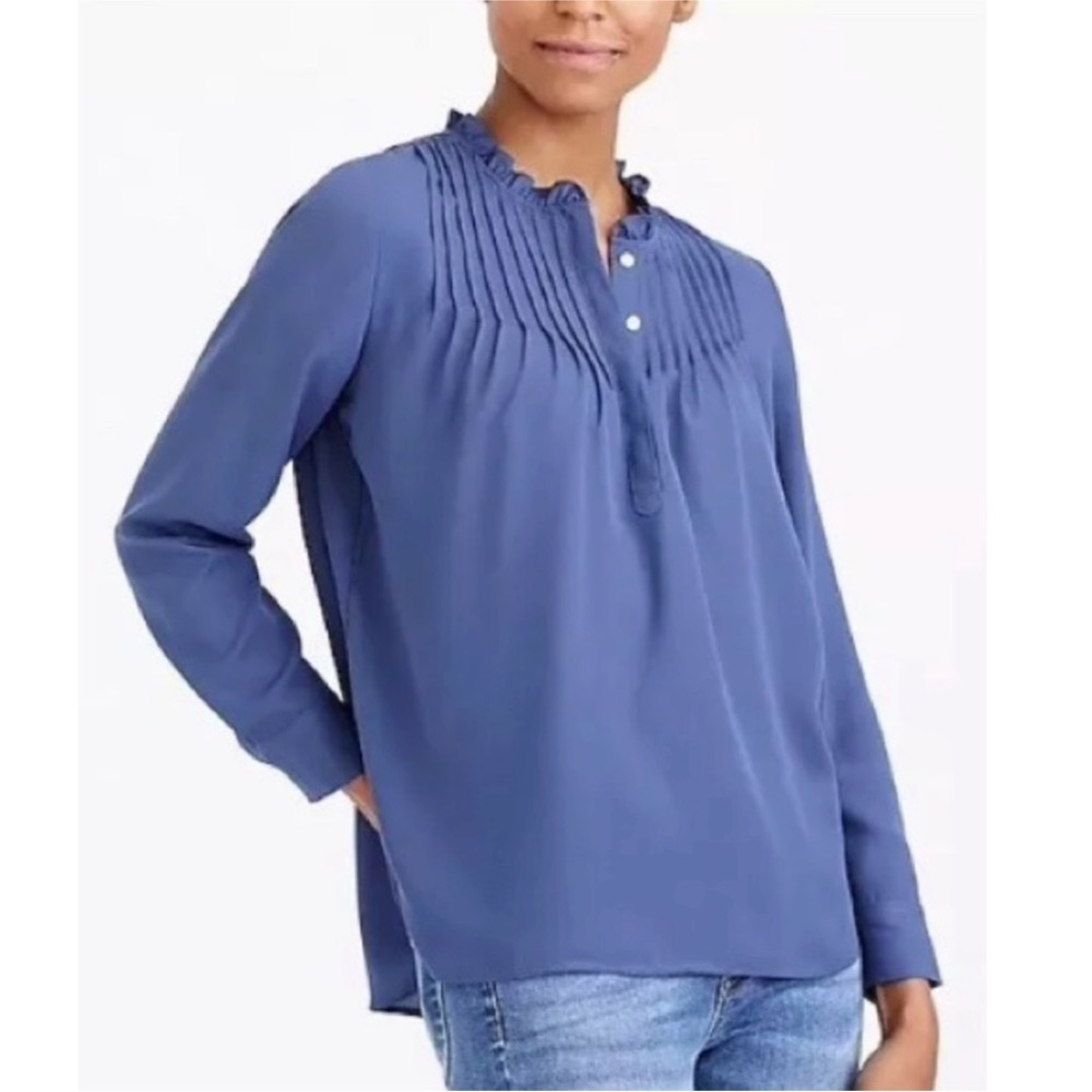 NWT J. Crew Pintuck Henley Long Sleeve Popover Blouse Preppy Blue 6